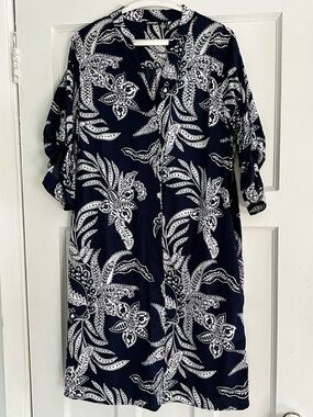 Olsen Navy & White Paisley Shirt Dress | Roll-Tab Sleeves | Size 8 (S/M)